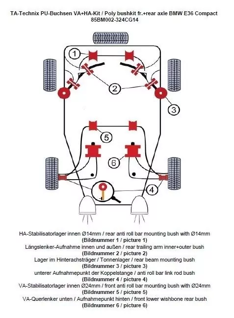 TA Technix PU-Buchsen Kit 32-teilig / Vorderachse+Hinterachse / Vorderachse mit Ø 24mm Stabi / Hinterachse mit Ø 14mm Stabi / passend für BMW 3er Serie E36 Compact
