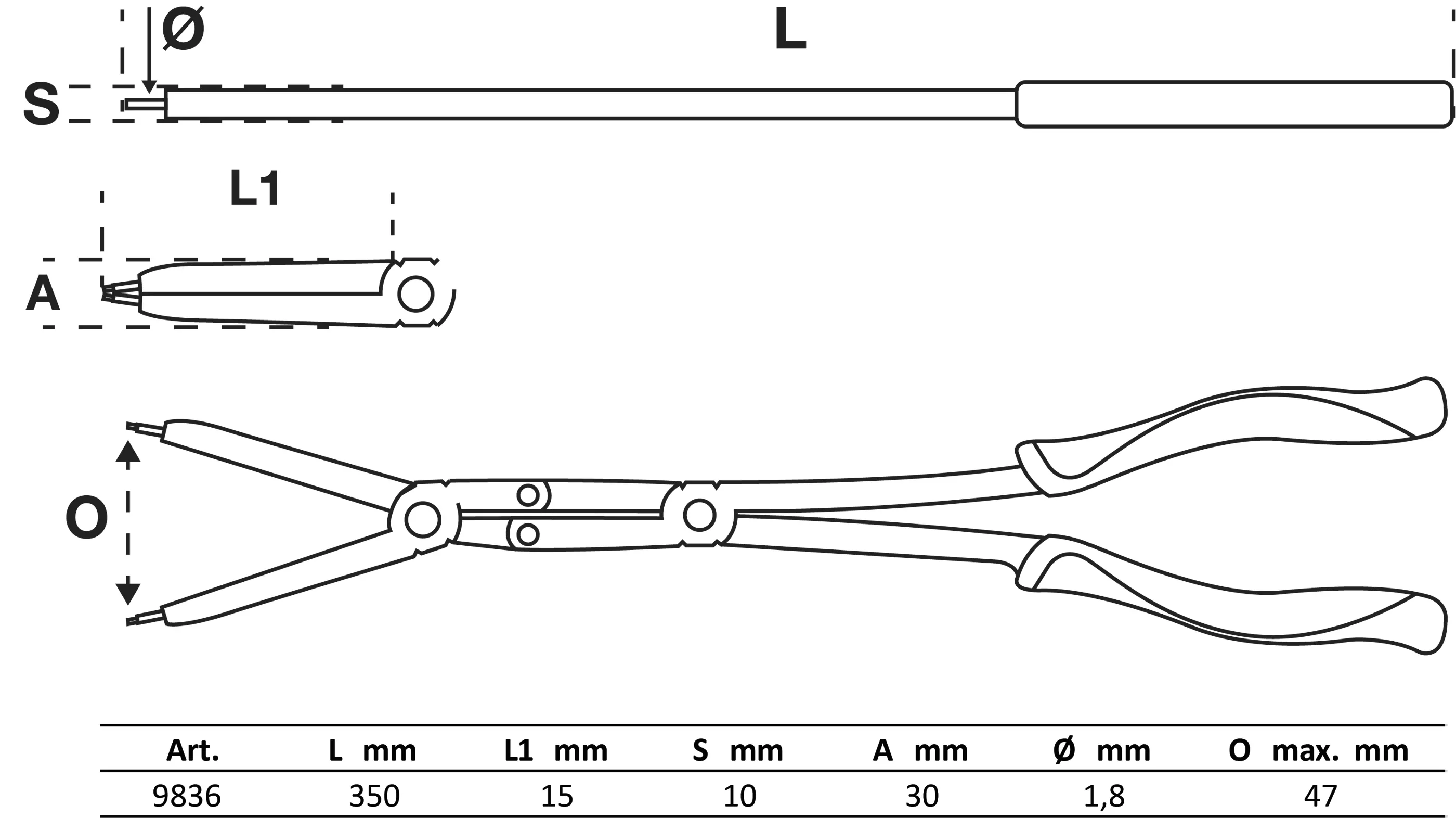 Werkstattwageneinlage 1/3: Doppelgelenk-Sprengringzangen-Satz | auswechselbare Spitzen | 345 mm
