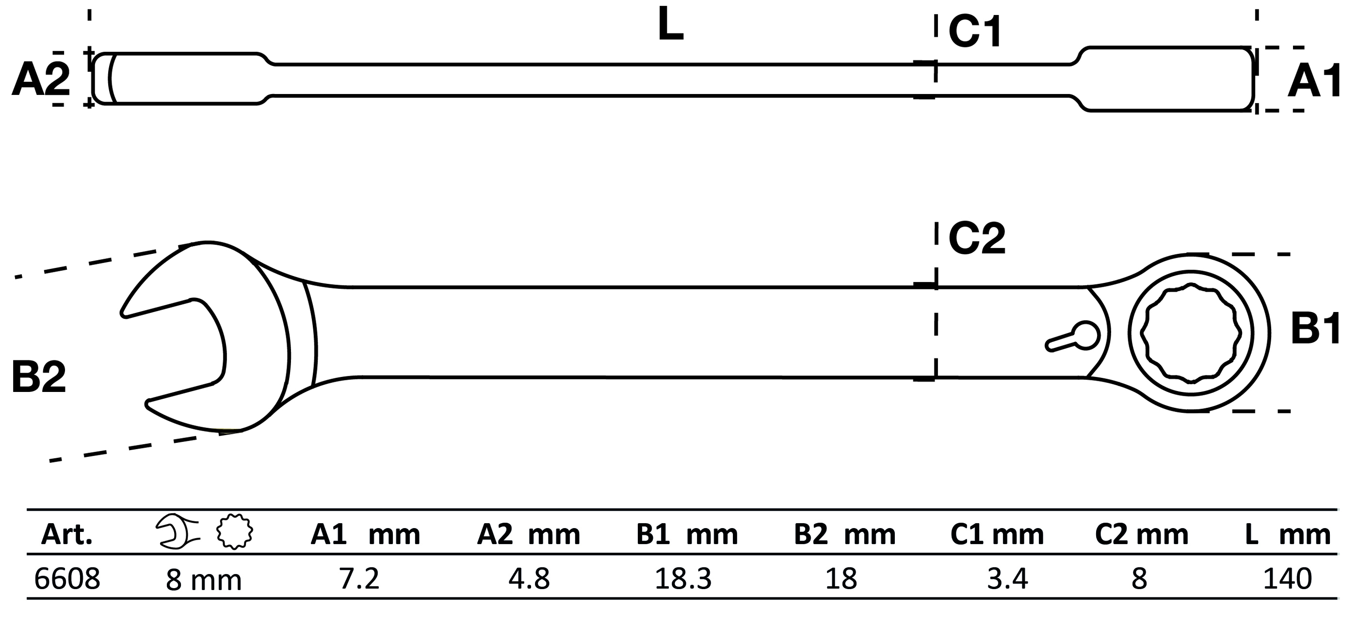 Ratschenring-Maulschlüssel | umschaltbar | SW 8 mm