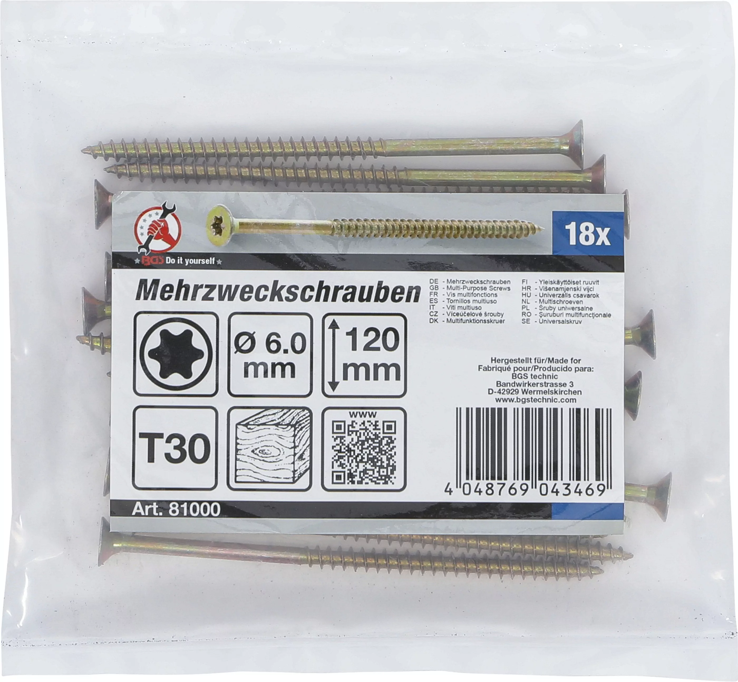Mehrzweckschrauben | T-Profil (für Torx) T30 | 6,0 x 120 mm | 18 Stück