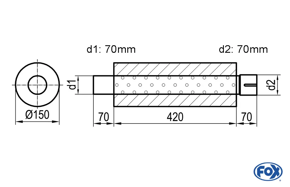 Uni-Schalldämpfer rund mit Stutzen - Abwicklung 466  Ø 150mm, d1Ø 70mm außen - d2Ø 70,5mm innen - Länge 420mm