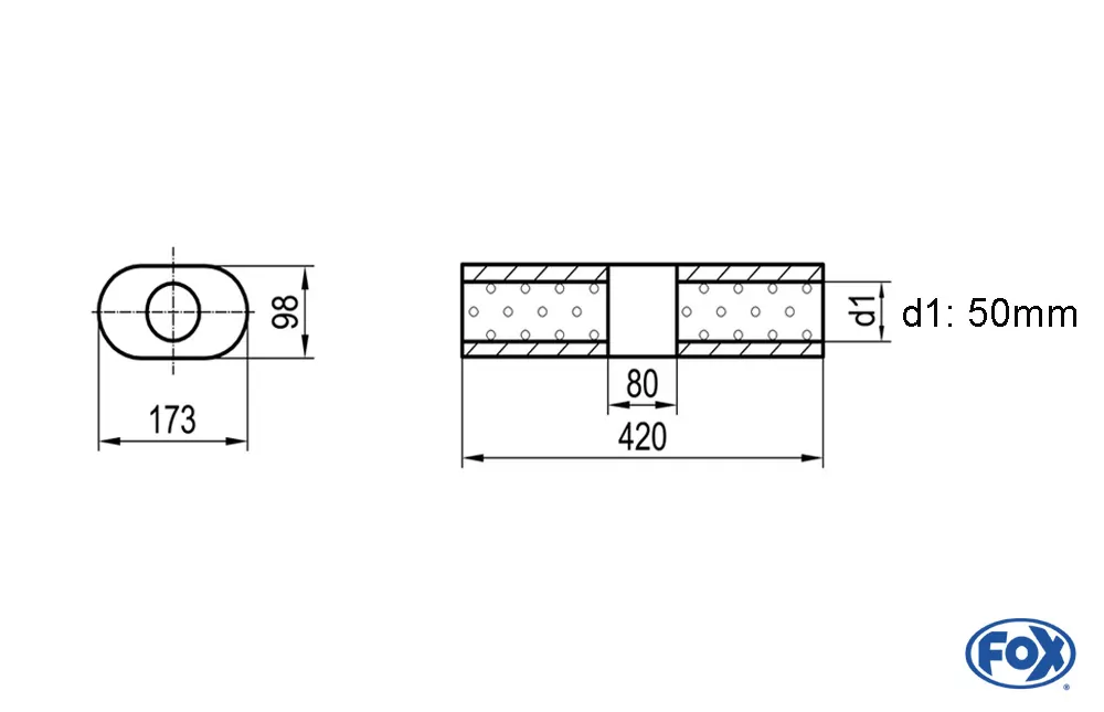 Uni-Schalldämpfer Oval ohne Stutzen mit Kammer - Abw. 450  173x98mm, d1Ø 50mm (außen), Länge: 420mm