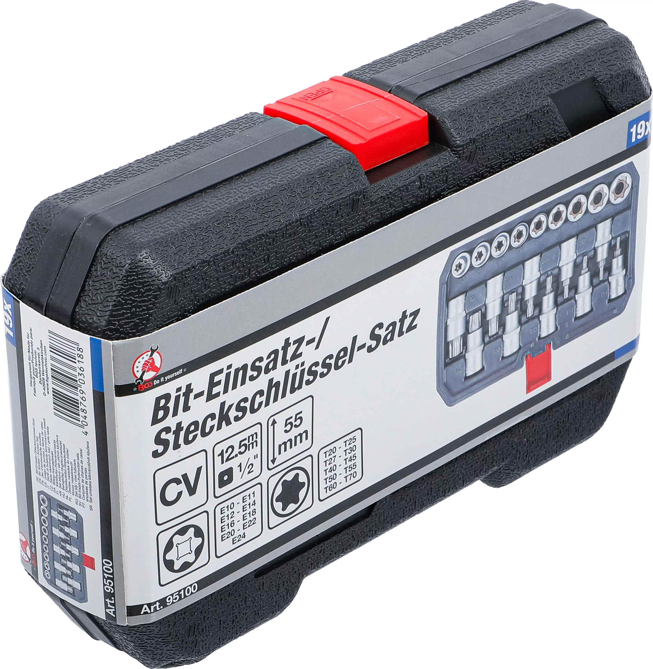 Bit-Einsatz-/Steckschlüssel-Satz | Antrieb Innensechskant 12,5 mm (1/2") | T-Profil (für Torx) / E-Profil | 19-tlg.