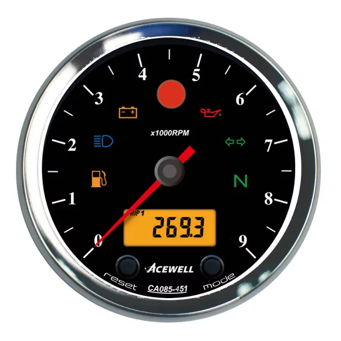 Acewell | Analog Dzm 9000rpm | Digital Tacho | Ring Chrom | Zifferblatt Schwarz | Gehäuse Schwarz