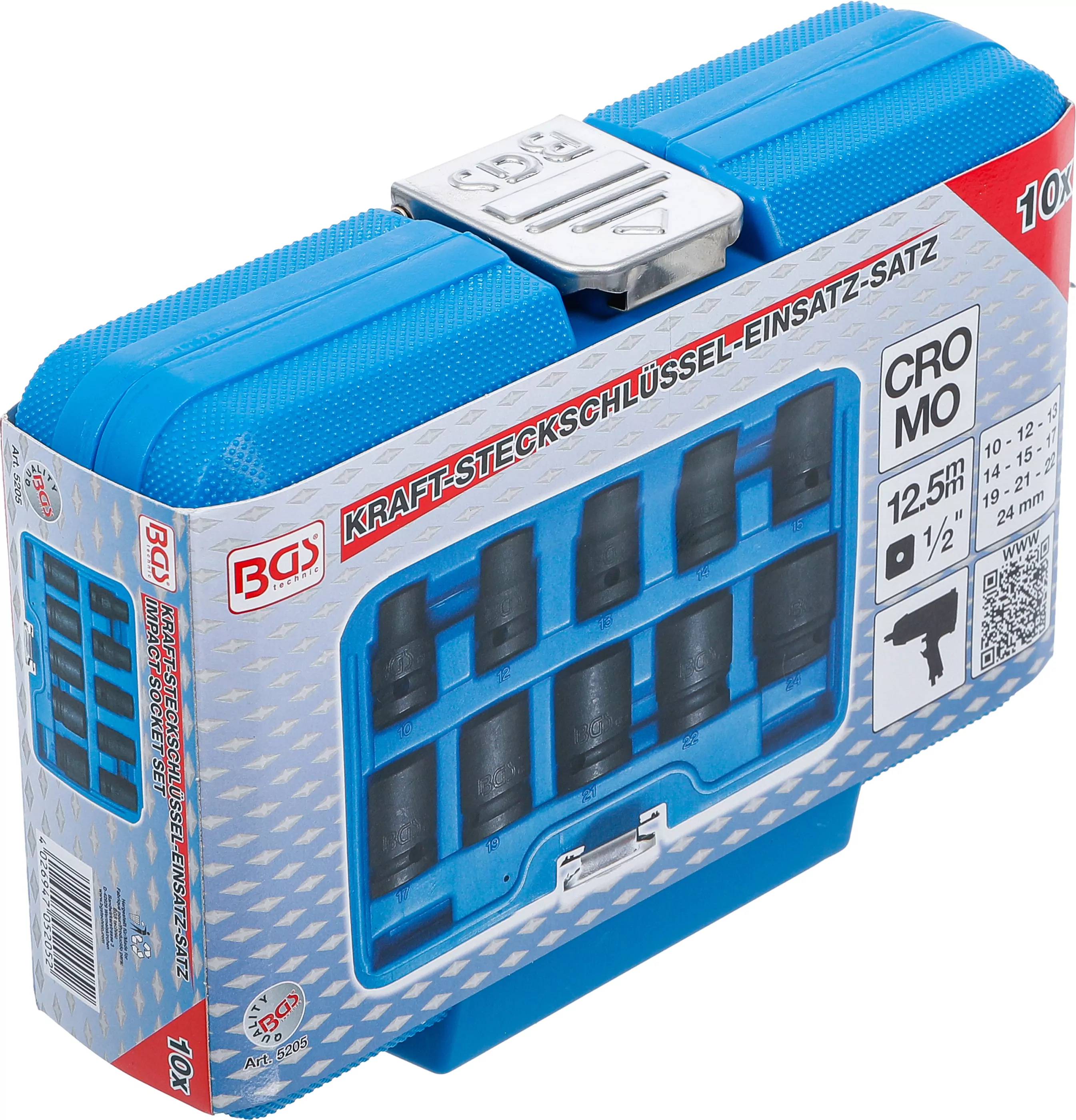 Kraft-Steckschlüssel-Einsatz-Satz Sechskant | Antrieb Innenvierkant 12,5 mm (1/2") | SW 10 - 24 mm | 10-tlg.