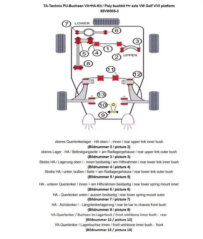 TA Technix PU-Buchsen Kit 54-teilig / Vorderachse+Hinterachse / passend für Audi A3 / Q3 / TT / Seat Leon / Altea / Toledo / Alhambra / Skoda Octavia / Superb / Yeti / VW Scirocco / Eos / Jetta / Golf / Touran / Tiguan / Passat / Sharan