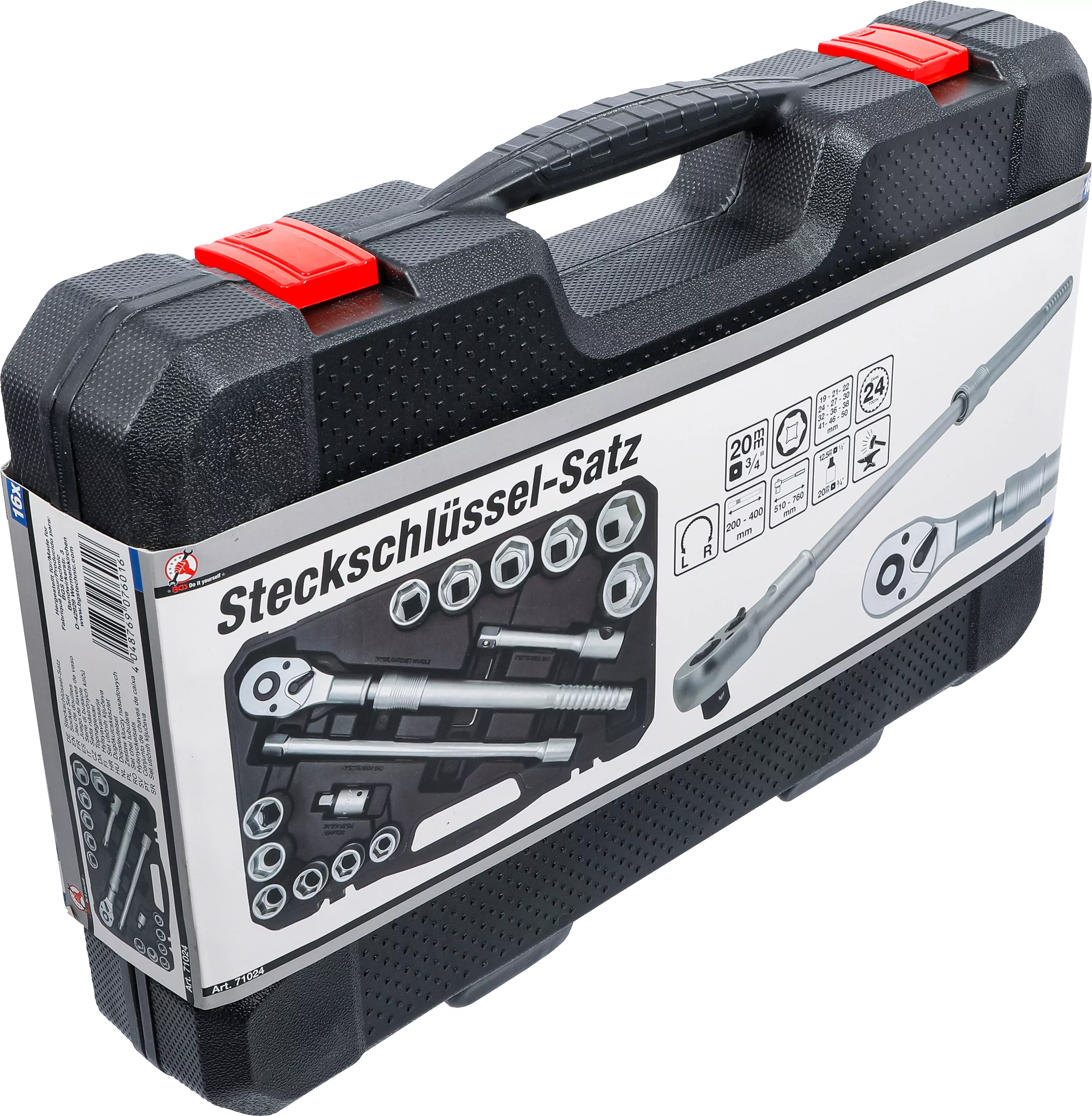 Steckschlüssel-Satz | mit Umschaltknarre, ausziehbar | Antrieb 20 mm (3/4") | SW 19 - 50 mm | 16-tlg.