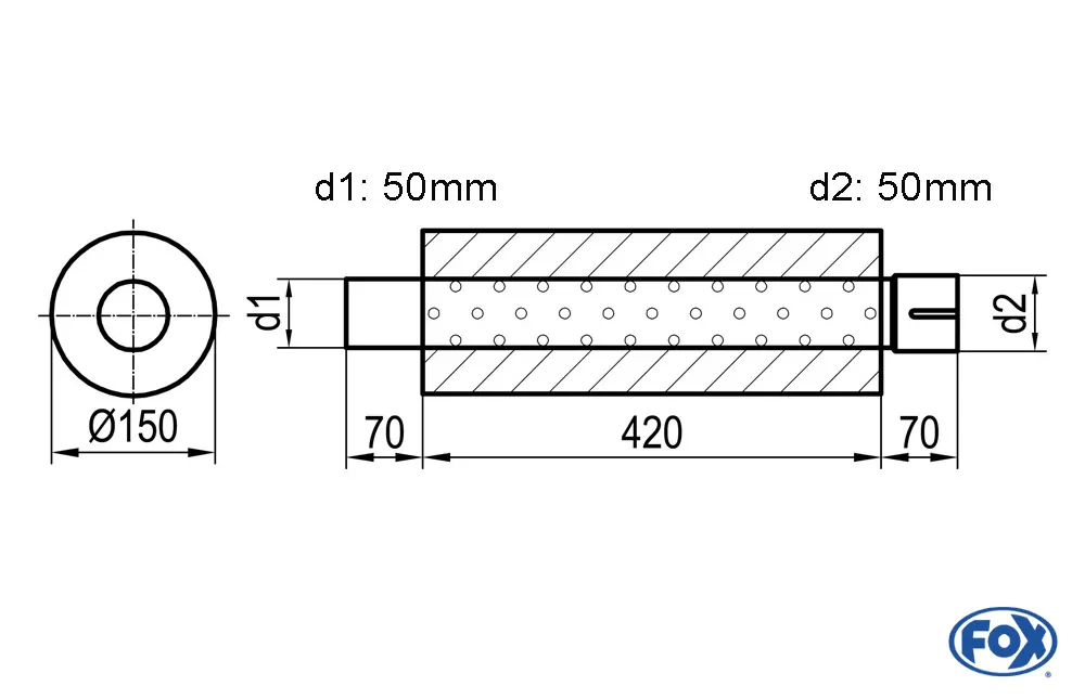 Uni-Schalldämpfer rund mit Stutzen - Abwicklung 466  Ø 150mm, d1Ø 50mm außen - d2Ø 50,5mm innen - Länge: 420mm