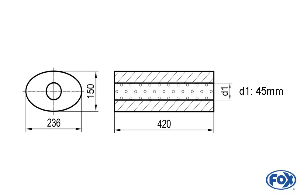 Uni-Schalldämpfer oval ohne Stutzen - Abwicklung 618  236x150mm, d1Ø 45mm, Länge: 420mm