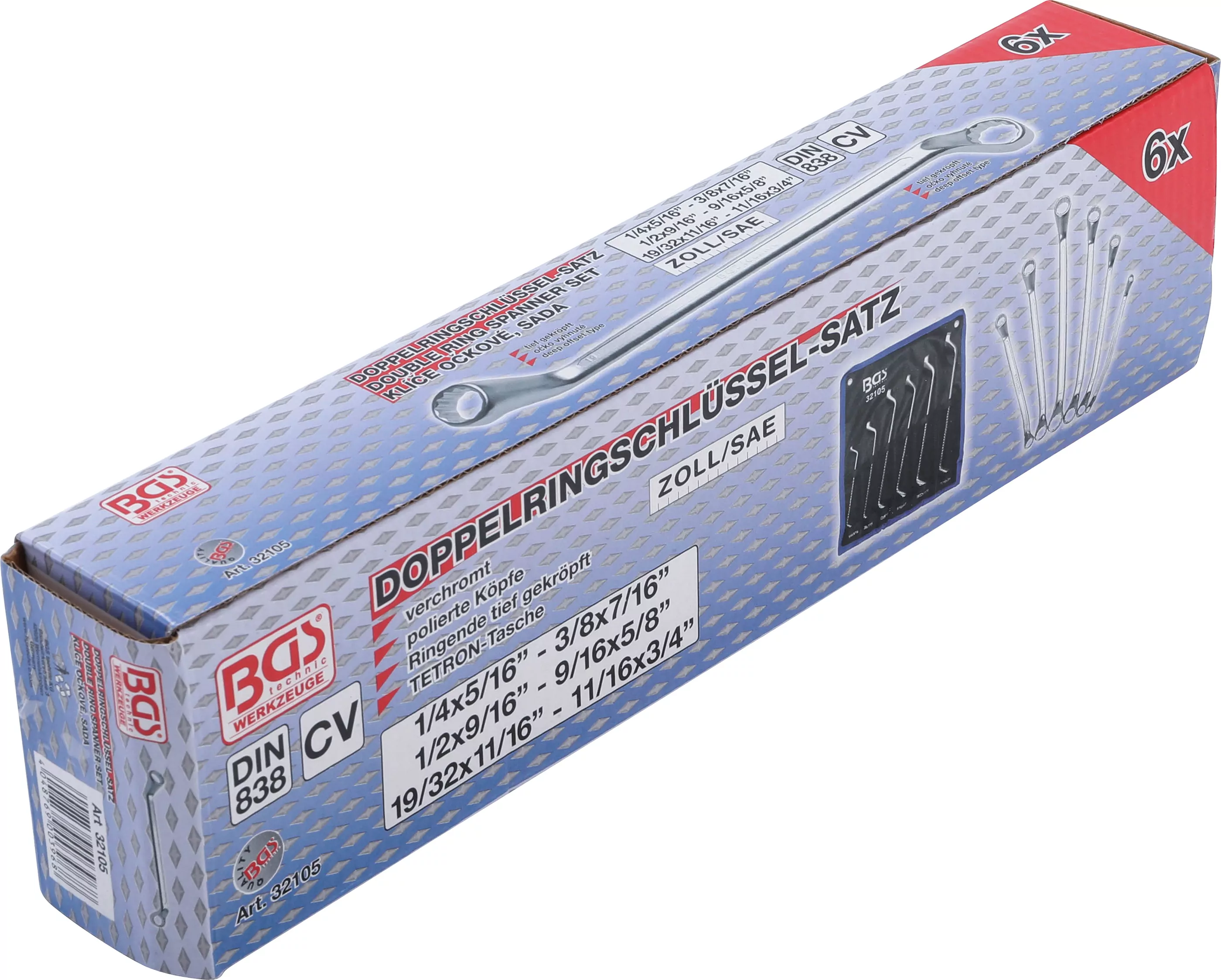 Doppel-Ringschlüssel-Satz | tief gekröpft | Zollgrößen | SW 1/4" - 3/4" | 6-tlg.