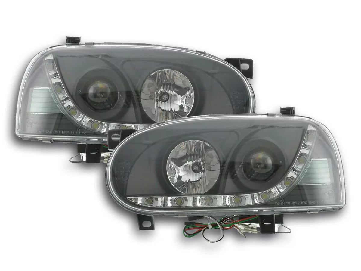 Scheinwerfer Set Daylight LED Tagfahrlicht VW Golf 3 Bj. 91-97 schwarz