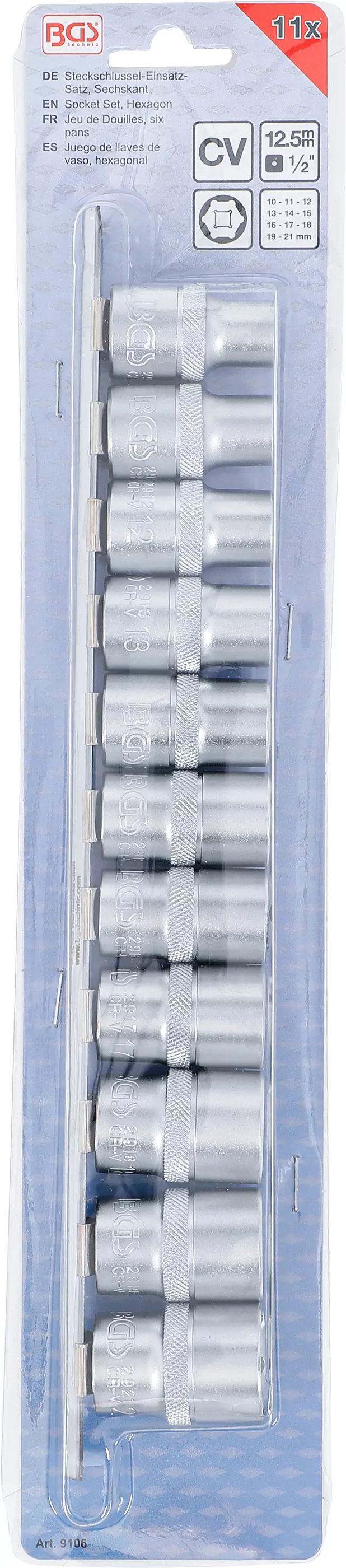 Steckschlüssel-Einsatz-Satz, Sechskant | Antrieb Innenvierkant 12,5 mm (1/2") | SW 10 - 21 mm | 11-tlg.