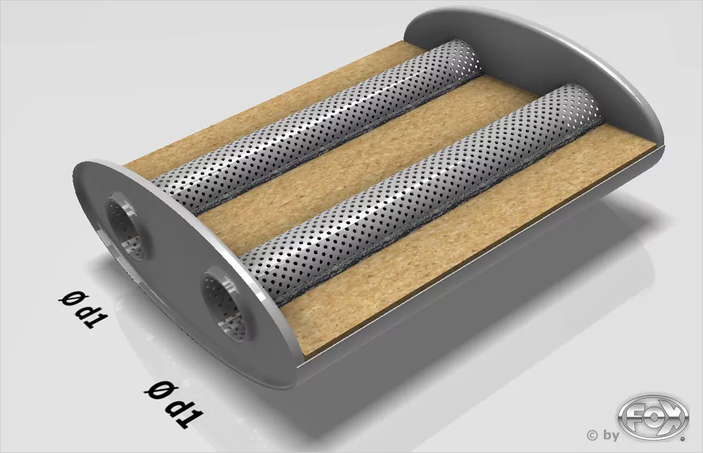 Uni-Schalldämpfer oval zweiflutig - Abwicklung 818  356x160mm, d1Ø 45mm, Länge: 420mm
