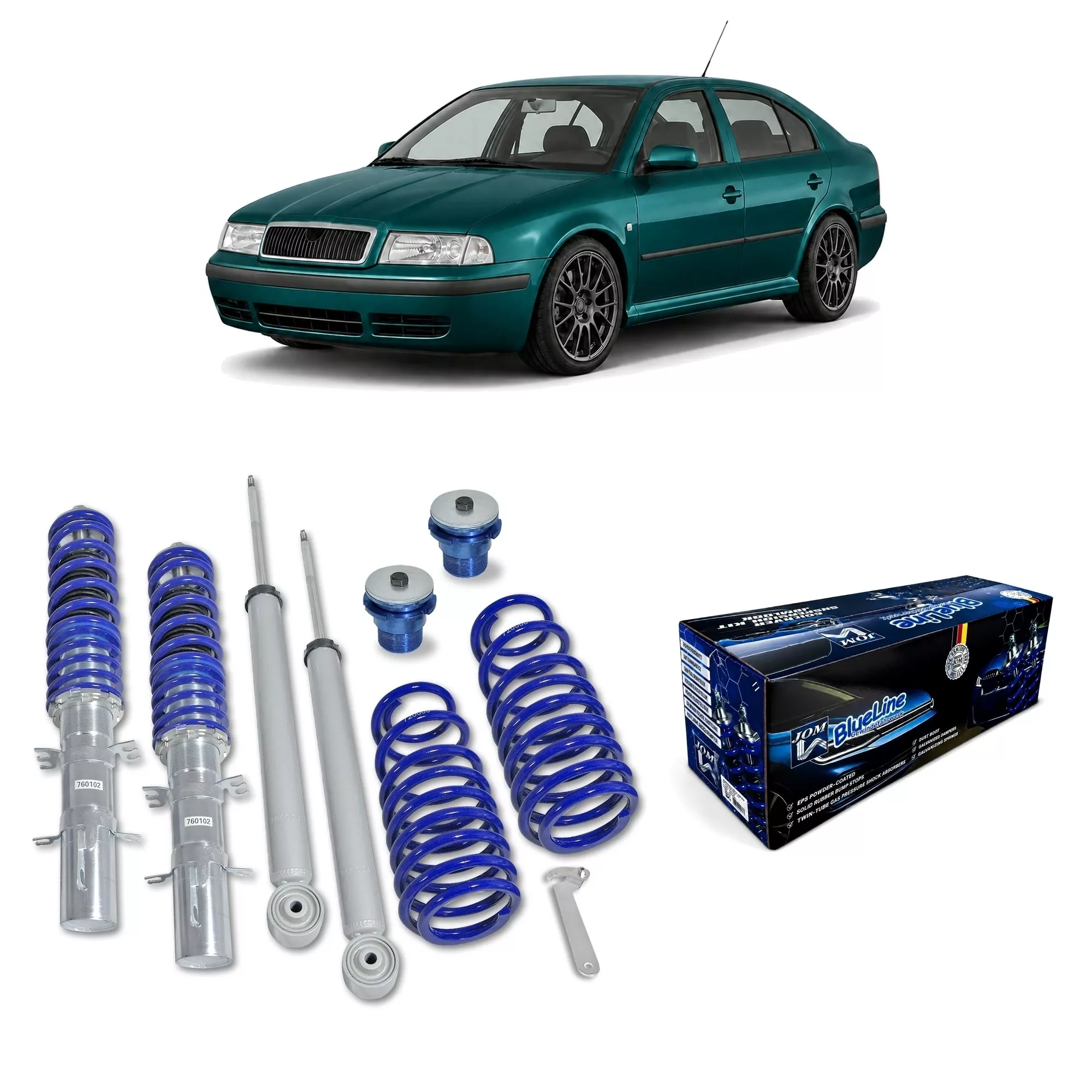 BlueLine Gewindefahrwerk passend für Skoda Octavia (1U) inkl. Kombi-Modelle 1.4, 1.6, 1.8 20V, 1.8T, 2.0, 1.9SDi, 1.9TDi Baujahr 1997 - 2004, außer Fahrzeuge mit Allradantrieb