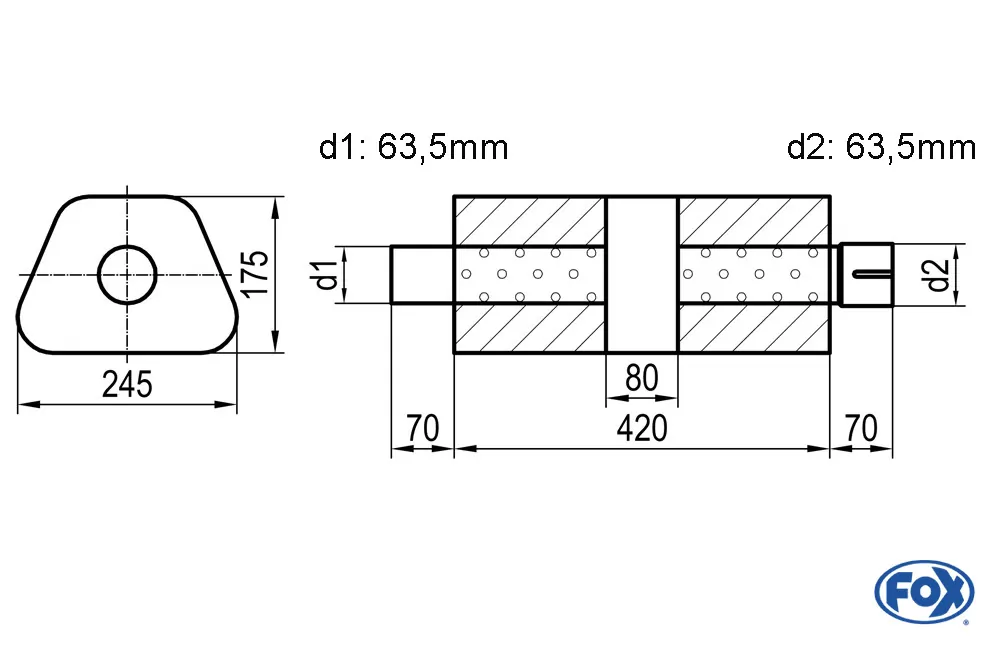 Uni-Schalldämpfer trapez mit Kammer + Stutzen - Abw. 711  245x175mm, d1Ø 63,5mm (außen), d2Ø 63,5mm (innen), Länge: 420mm