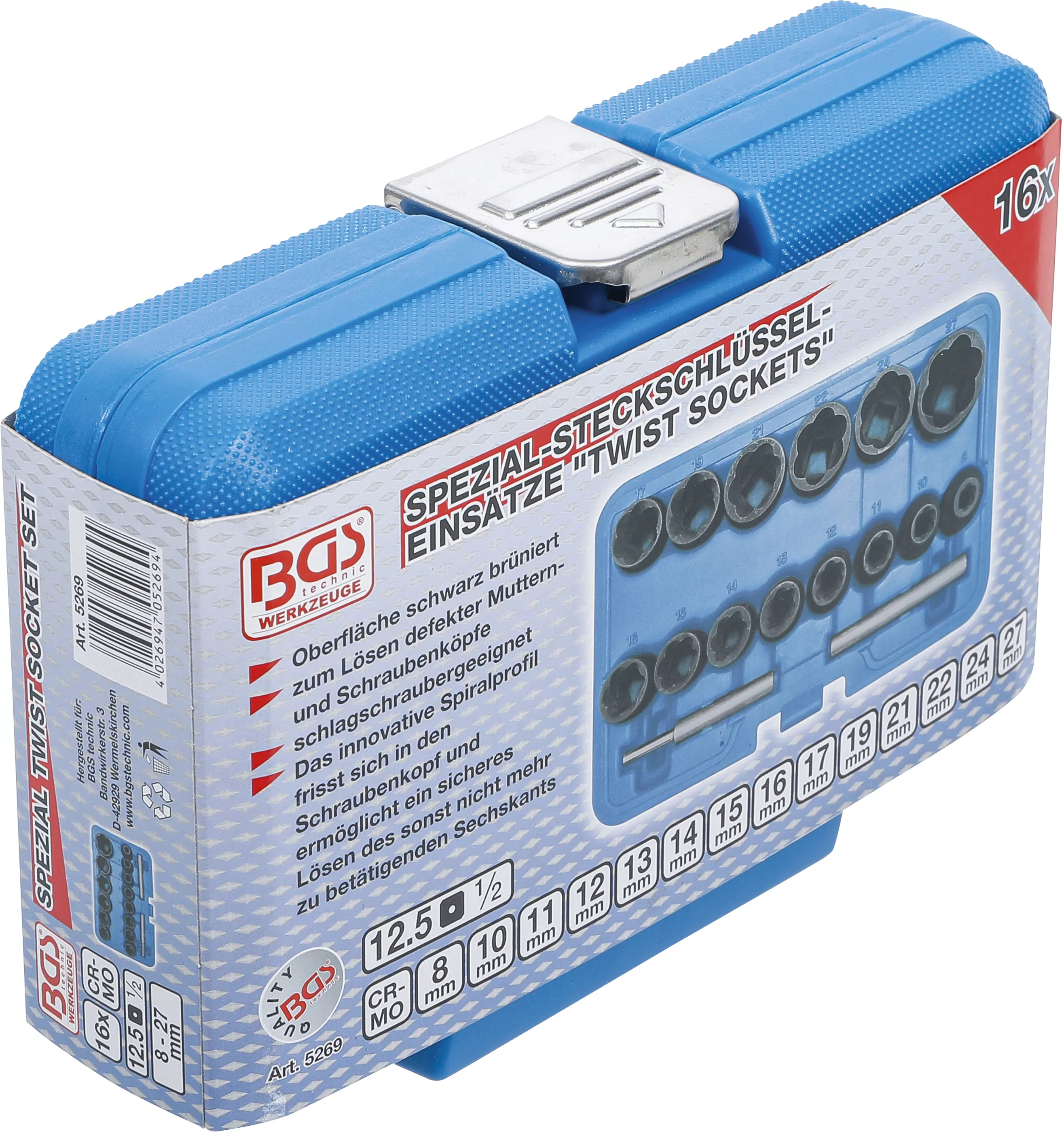 Spiral-Profil-Steckschlüssel-Satz / Schraubenausdreher | Antrieb Innenvierkant 12,5 mm (1/2") | SW 8 - 27 mm | 16-tlg.