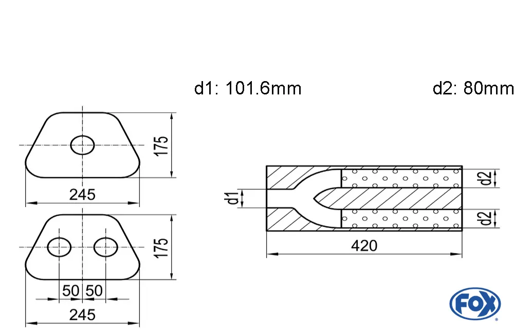 Uni-Schalldämpfer trapezoid zweiflutig mit Hose - Abw. 711  245x175mm, d1Ø 101,6mm außen/ d2Ø 2x80mm außen - Länge: 420mm
