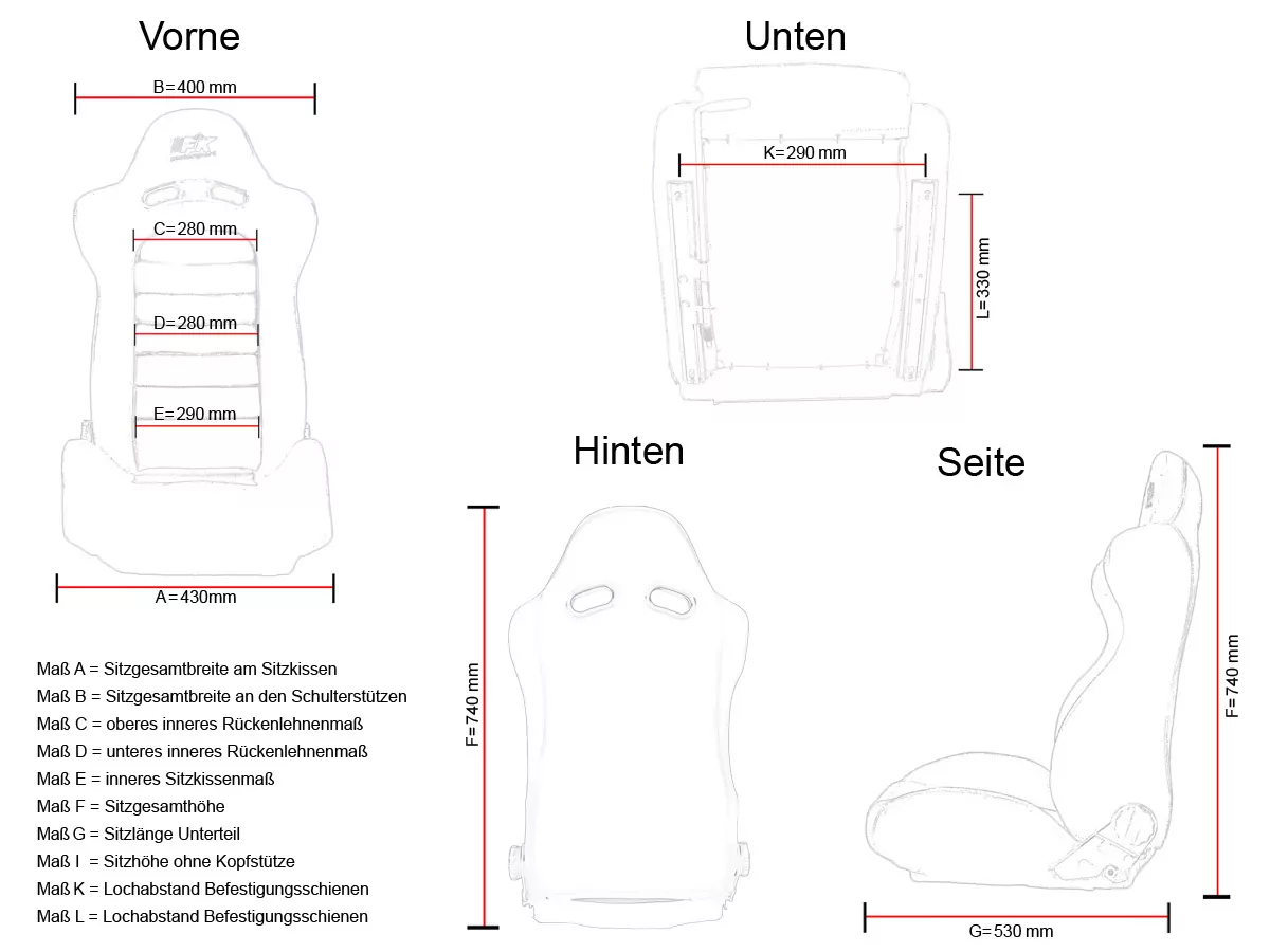 FK Oldtimersitze Auto Vollschalensitze Set Classic 4 schwarz mit Kopfstütze und Laufschienen