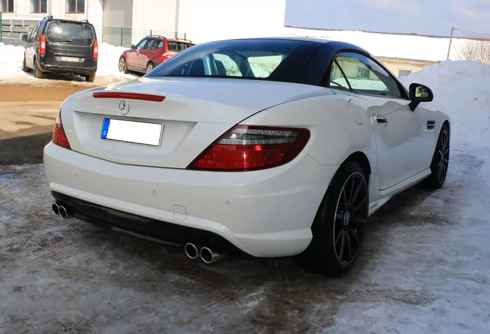 Mercedes SLK Typ 172 - AMG Line Endschalldämpfer rechts/links - gebaut als Unidämpfer (ohne Halter ohne Rohre) mit Gutachten-Kennzeichnung und dem Text "Zum Zwecke der Einzelabnahme"