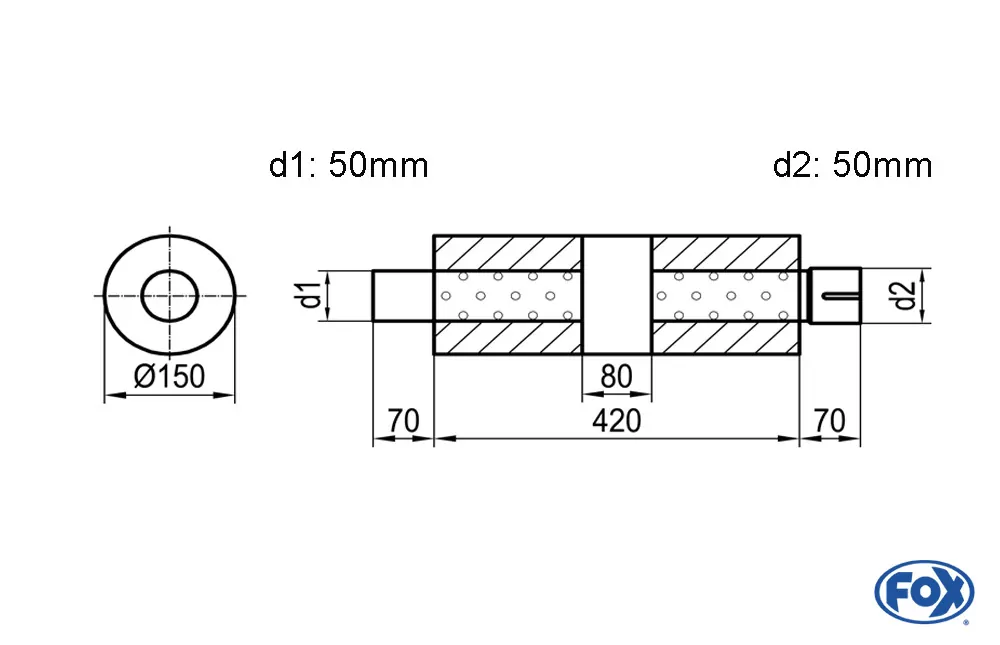 Uni-Schalldämpfer rund mit Kammer + Stutzen - Abw. 466  Ø 150mm, d1Ø 50mm (außen), d2Ø 50mm (innen), Länge: 420mm