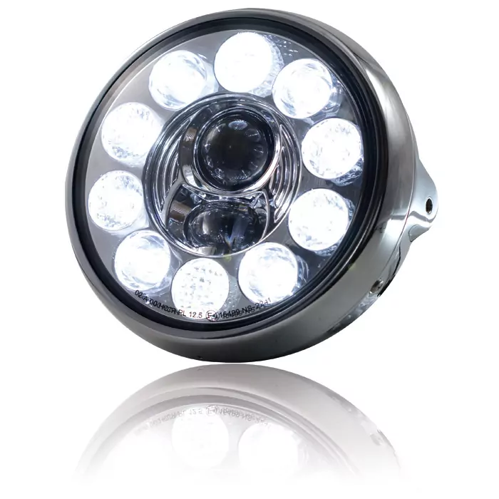 Led-scheinwerfer 7","british Style", Chrom, 10 Led S, Reflektor Chrom, M8 Seitlich, E-geprüft