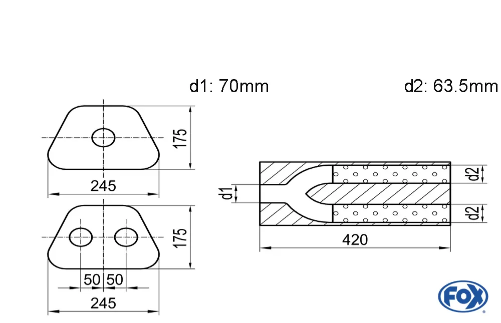 Uni-Schalldämpfer trapezoid zweiflutig mit Hose - Abw. 711  245x175mm, d1Ø 70mm  d2Ø 60mm, Länge: 420mm