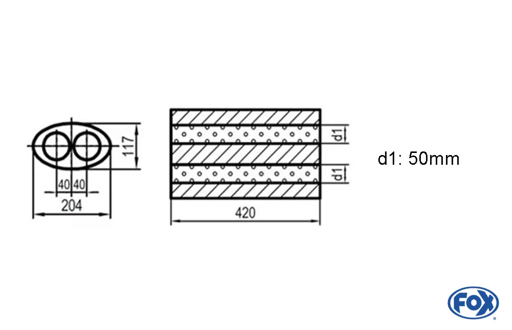 Uni-Schalldämpfer oval zweiflutig - Abwicklung 525  204x117mm, d1Ø 50mm, Länge: 420mm