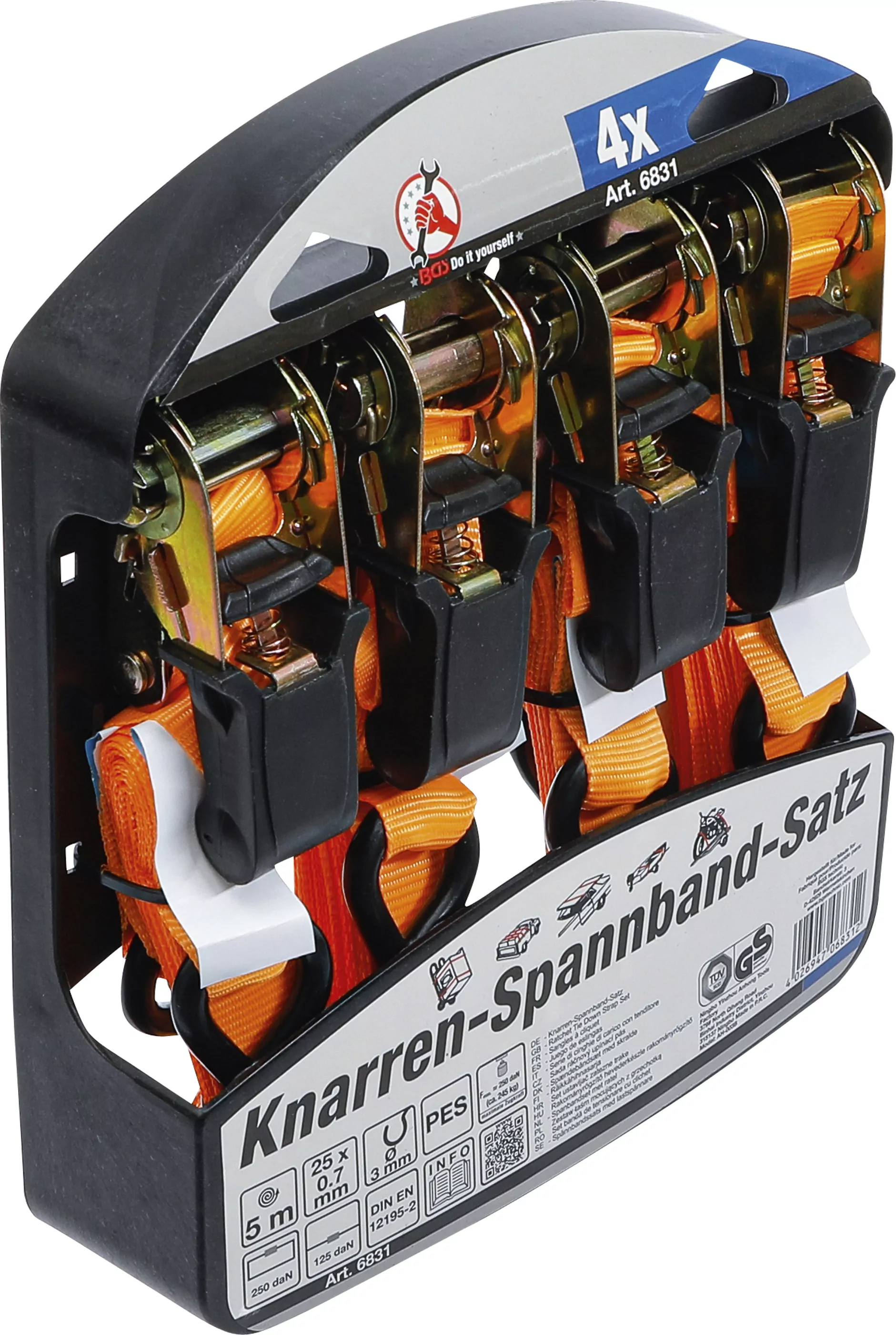 Knarren-Spannband-Satz | mit schweren Haken | 5 m x 25 mm | 4-tlg.