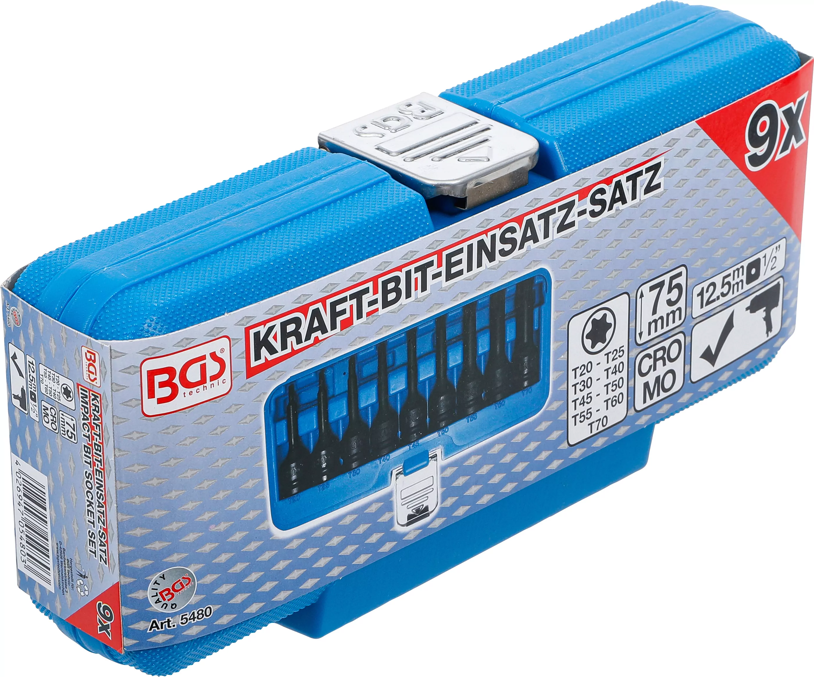 Kraft-Bit-Einsatz-Satz | Antrieb Innenvierkant 12,5 mm (1/2") | T-Profil (für Torx) T20 - T70 | 9-tlg.