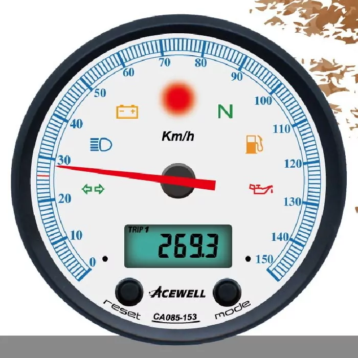 Acewell | Analog Tacho 150 Km/h | Digital Dzm | Ring Schwarz | Zifferblatt Weiss | Gehäuse Schwarz