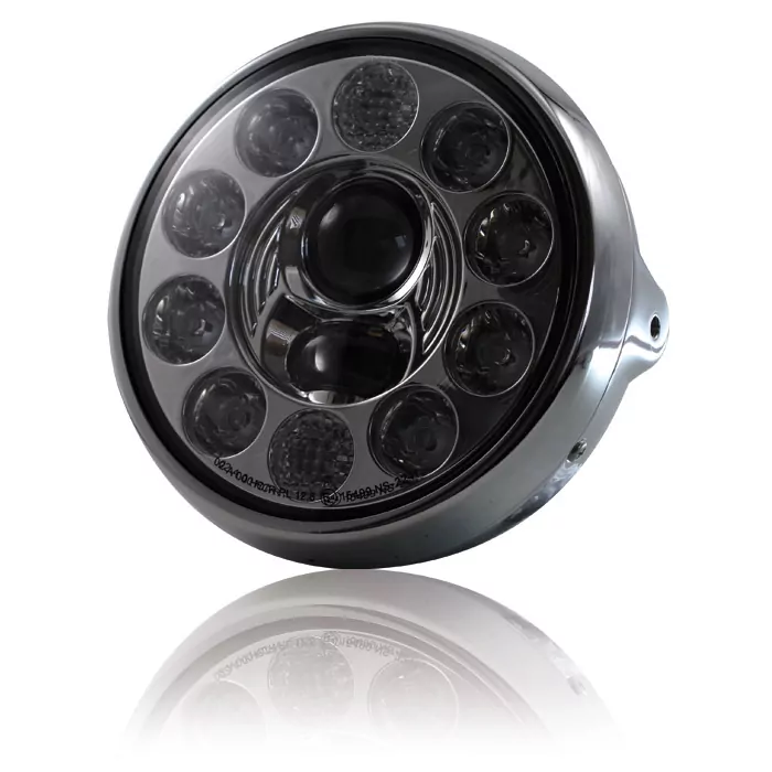 Led-scheinwerfer 7","british Style", Chrom, 10 Led S, Reflektor Chrom, M8 Seitlich, E-geprüft