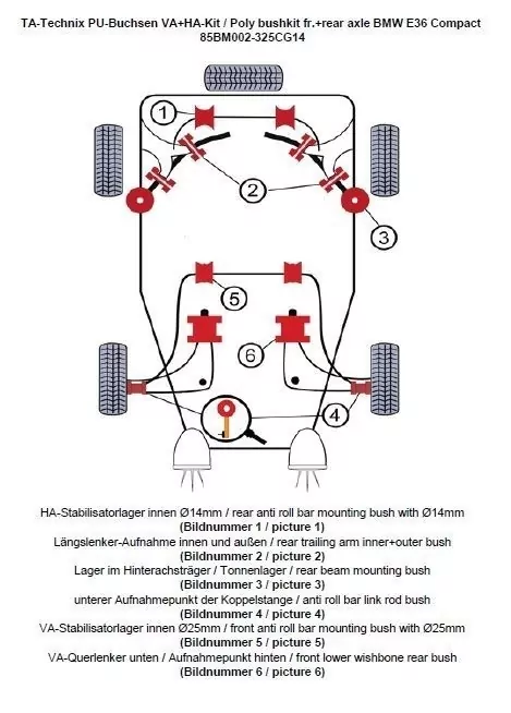 TA Technix PU-Buchsen Kit 32-teilig / Vorderachse+Hinterachse / Vorderachse mit Ø 25mm Stabi / Hinterachse mit Ø 14mm Stabi / passend für BMW 3er Serie E36 Compact