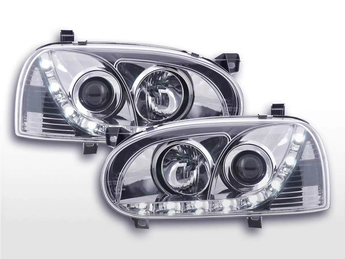 Scheinwerfer Set Daylight LED Tagfahrlicht VW Golf 3 Bj. 91-97 chrom für Rechtslenker