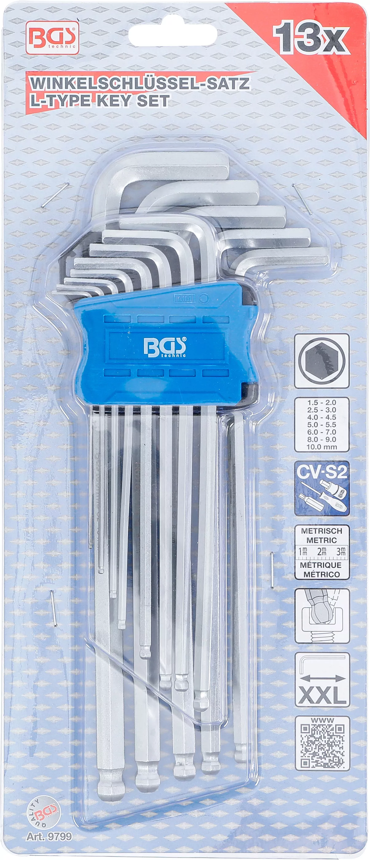 Winkelschlüssel-Satz | extra lang | Innensechskant / Innensechskant mit Kugelkopf 1,5 - 10 mm | 13-tlg.