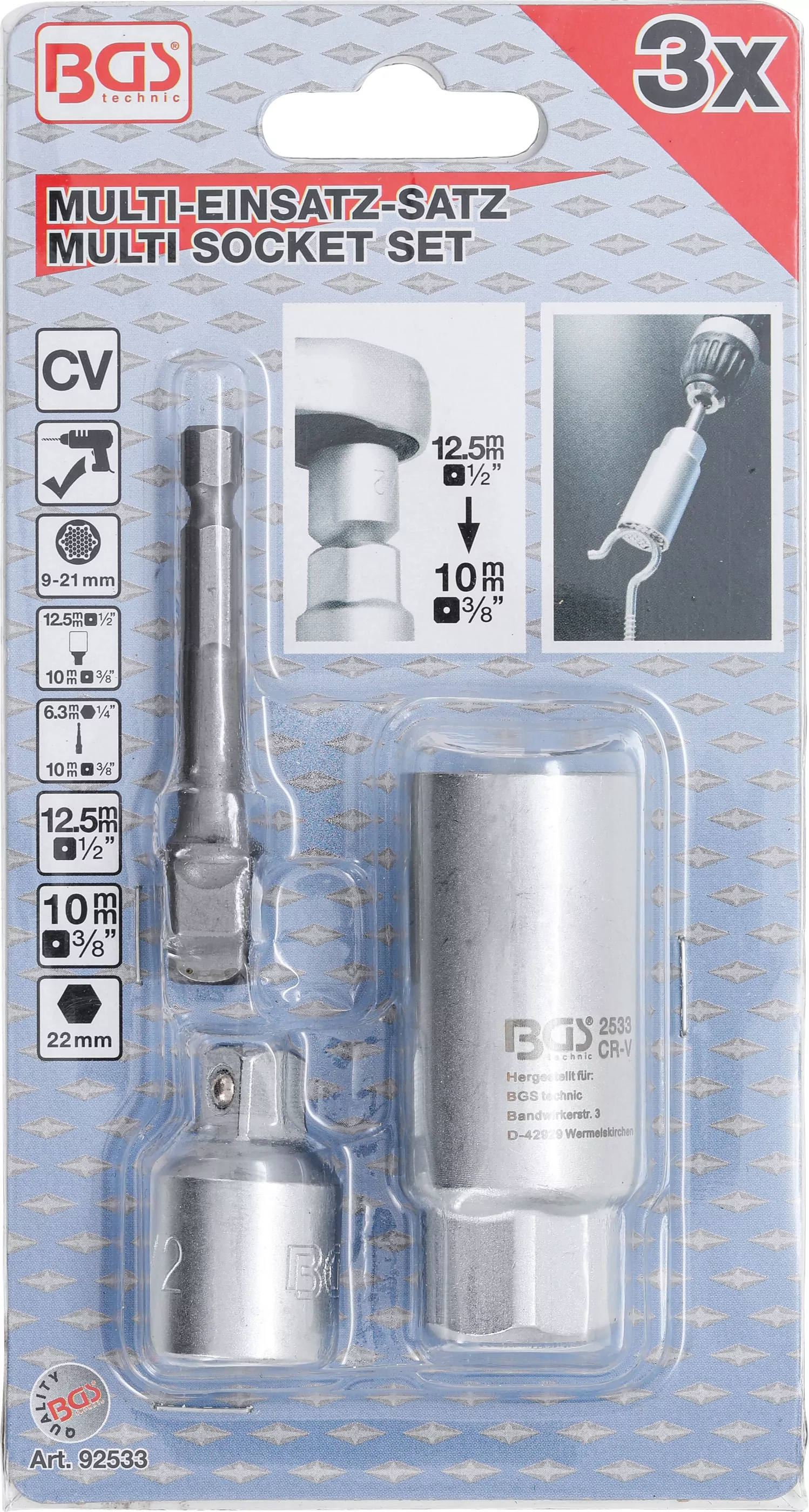 Multi-Einsatz mit Adapter-Satz | 10 mm (3/8") | SW 9 - 21 mm | 3-tlg.