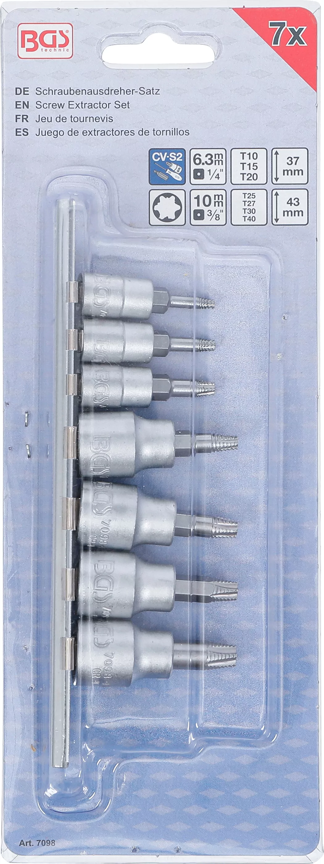 Schraubenausdreher-Bit-Einsatz-Satz | Antrieb Innenvierkant 6,3 mm (1/4") / 10 mm (3/8") | für defektes T-Profil (für Torx) | T10 - T40 | 7-tlg.