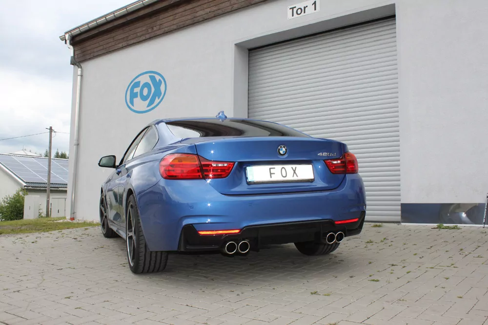 BMW F30/31 - 320d/ F32 - 420d Coupe M-Paket Endschalldämpfer quer Ausgang rechts/links passend an Rieger Heckschürzeneinsatz 435i/440i Optik - 2x80 Typ 16 rechts/links