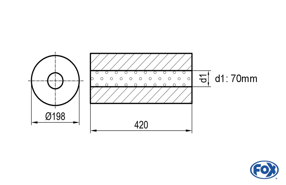 Uni-Schalldämpfer rund ohne Stutzen - Abwicklung 626  Ø 198mm, d1Ø 70mm, Länge: 420mm -Ø 198mm