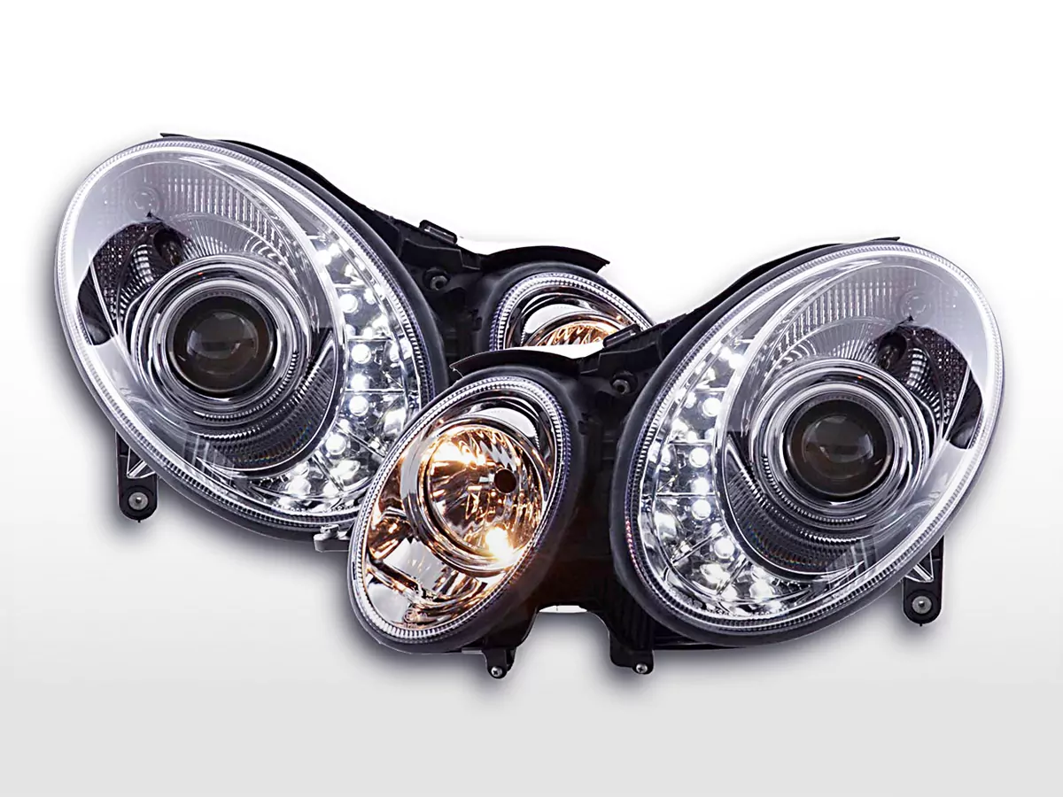 Scheinwerfer Set Daylight LED TFL-Optik Mercedes E-Klasse 211 Bj. 02-06 chrom