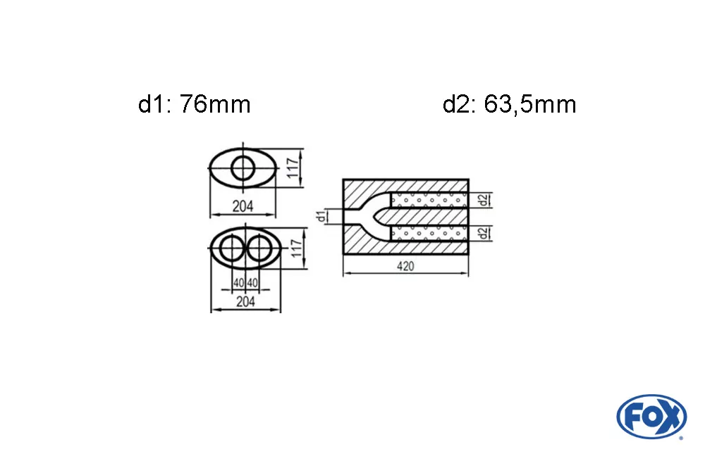 Uni-Schalldämpfer oval zweiflutig mit Hose - Abwicklung 525  204x117mm, d1Ø 76mm  d2Ø 63,5mm, Länge: 420mm