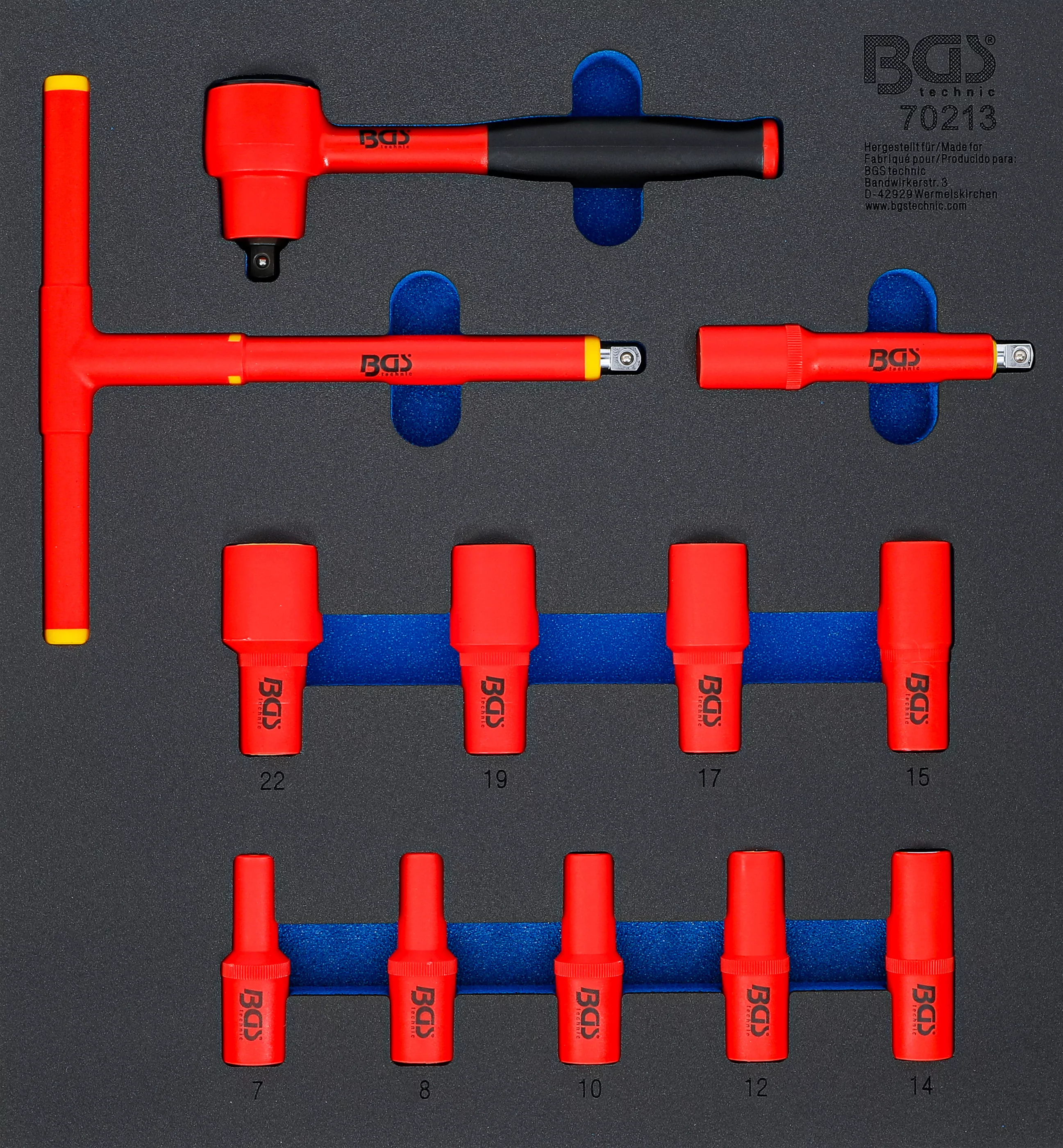 Werkstattwageneinlage 2/3: VDE-Steckschlüssel-Satz | Antrieb Innenvierkant 10 mm (3/8") | SW 7 - 22 mm | 12-tlg.