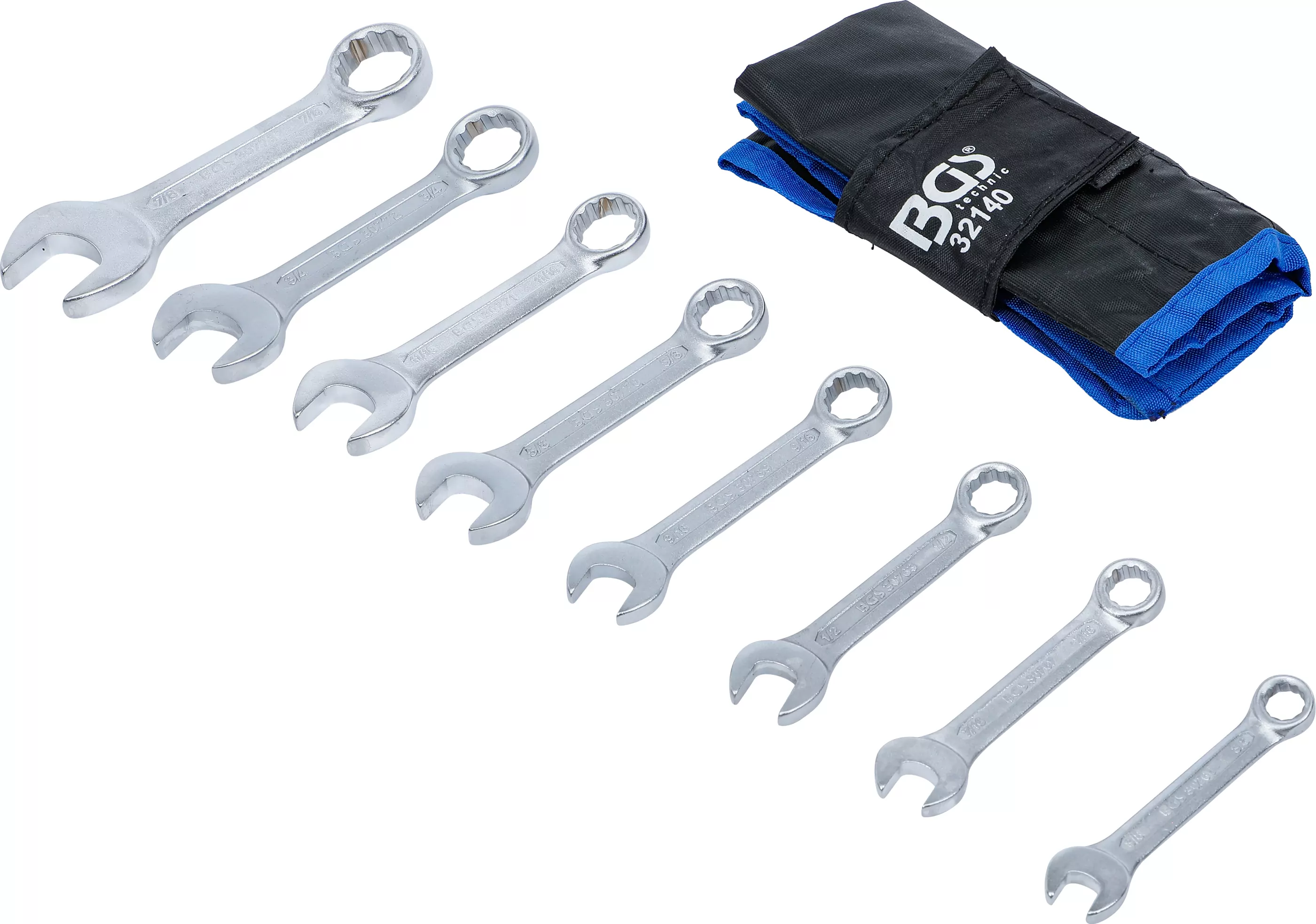 Maul-Ringschlüssel-Satz | extra kurz | Zollgrößen | SW 3/8" - 7/8" | 8-tlg.