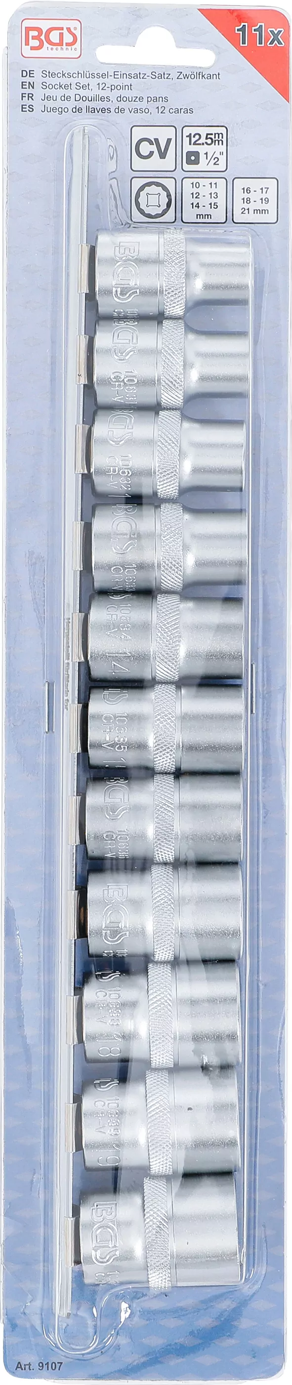 Steckschlüssel-Einsatz-Satz, Zwölfkant | Antrieb Innenvierkant 12,5 mm (1/2") | SW 10 - 21 mm | 11-tlg.