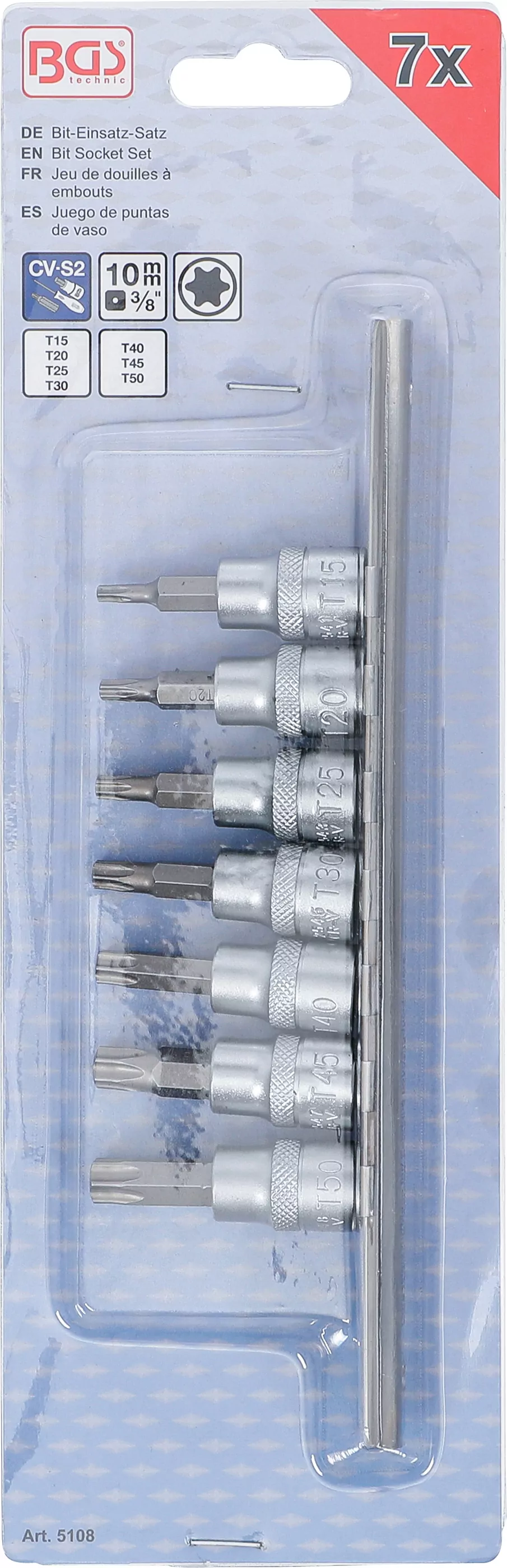 Bit-Einsatz-Satz | Antrieb Innenvierkant 10 mm (3/8") | T-Profil (für Torx) T15 - T50 | 7-tlg.