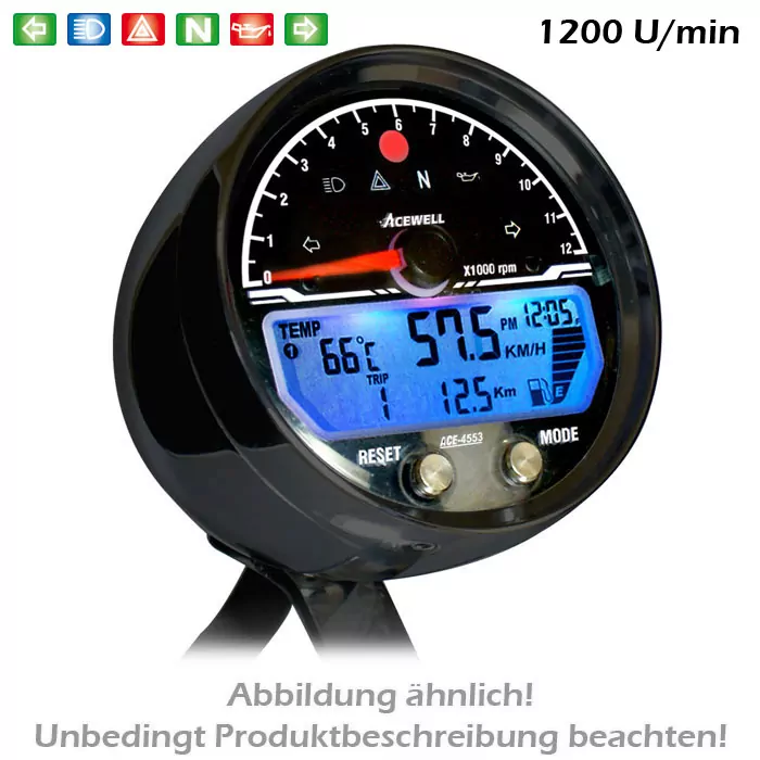 Multifunktionelles Digitalinstrument, Alu-schwarz, Tachom. Drehzahlm. 12000 Rpm, Uhr & Tankanzeige