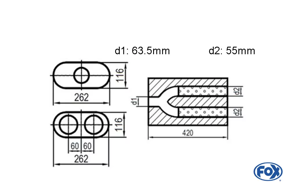 Uni-Schalldämpfer oval zweiflutig mit Hose - Abwicklung 650  262x116mm, d1Ø 63,5mm  d2Ø 55mm, Länge: 420mm