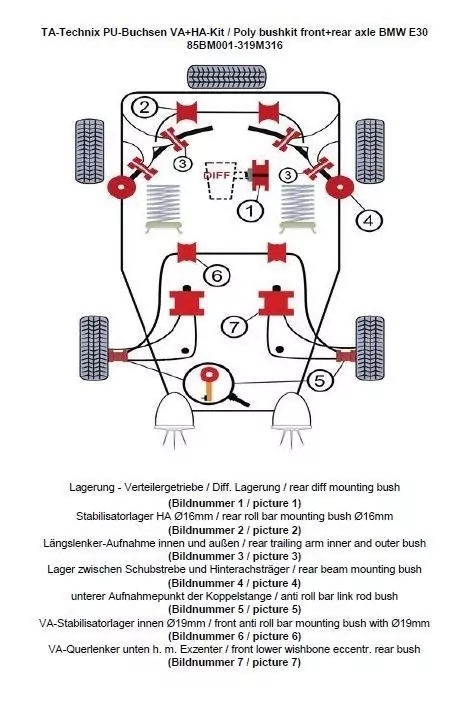 TA Technix PU-Buchsen Kit 37-teilig / Vorderachse+Hinterachse / Vorderachse mit Ø 19mm Stabi / M3 Exzenter / Hinterachse mit Ø 16mm Stabi / passend für BMW 3er Serie E30