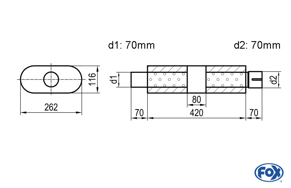Uni-Schalldämpfer oval mit Kammer + Stutzen - Abw. 650  262x116mm, d1Ø 70mm (außen), d2Ø 70mm (innen), Länge: 420mm