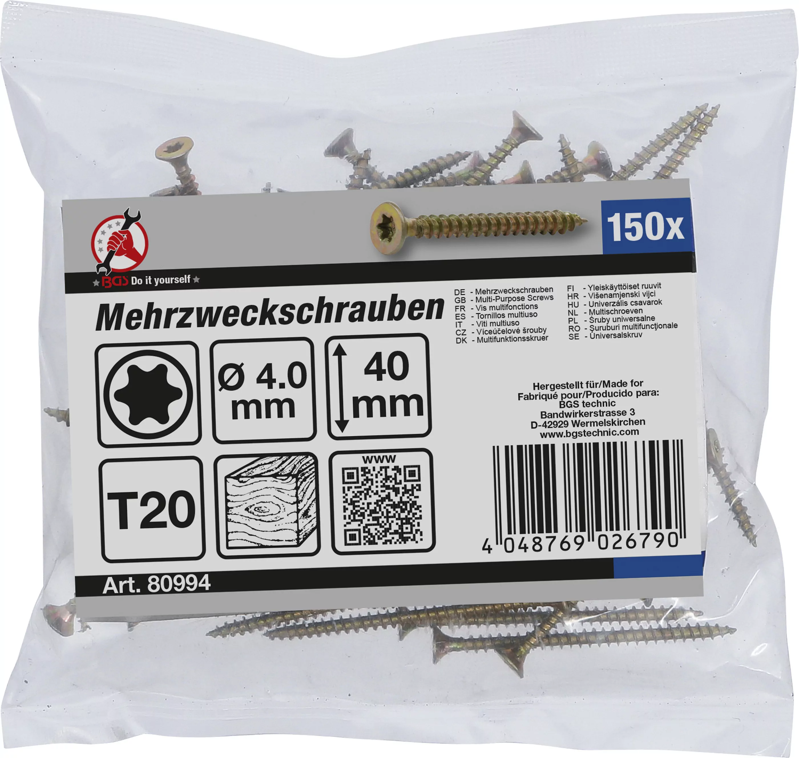 Mehrzweckschrauben | T-Profil (für Torx) T20 | 4,0 x 40 mm | 150 Stück