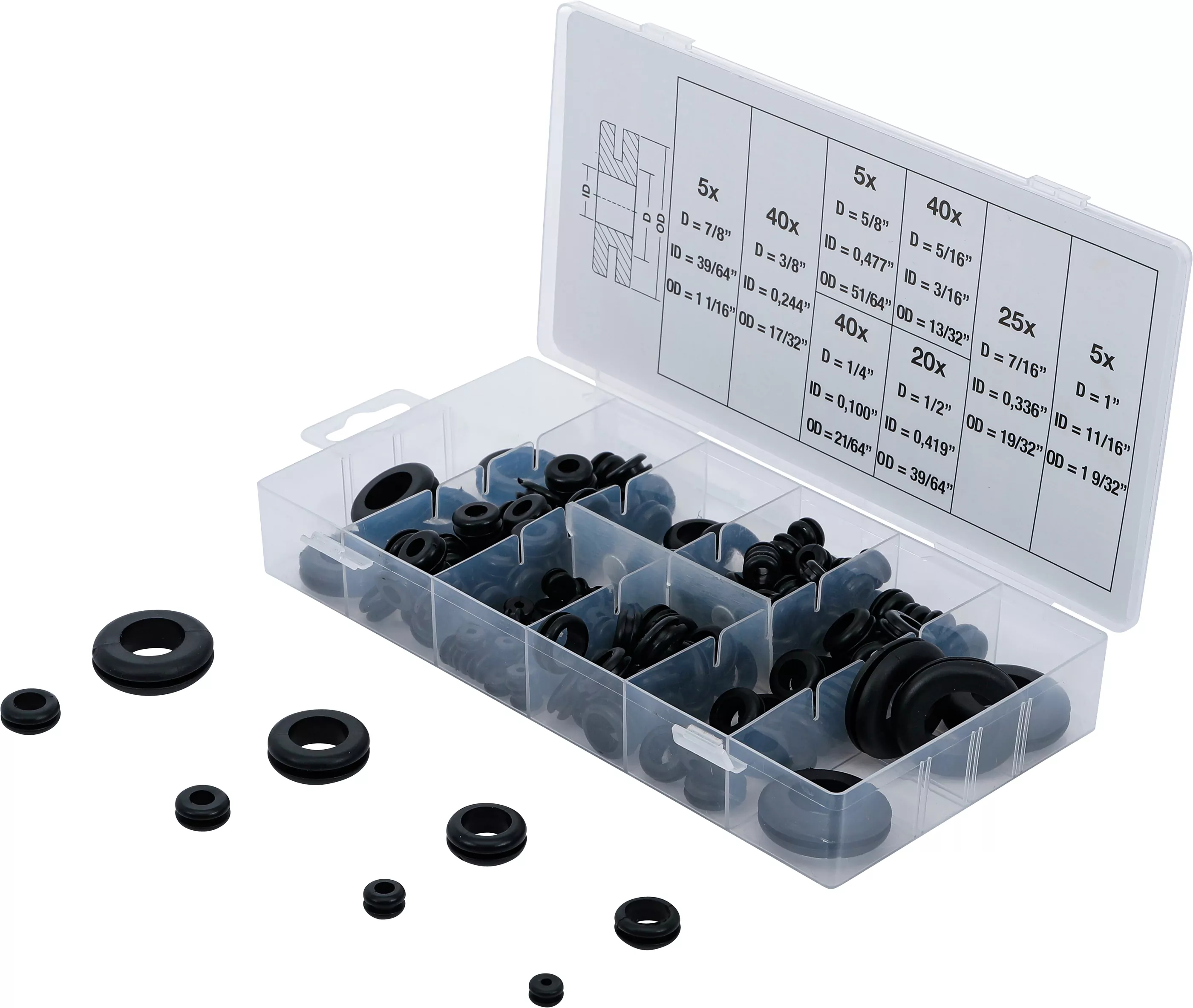 Gummi-Durchgangstüllen-Sortiment | Zoll | 180-tlg.
